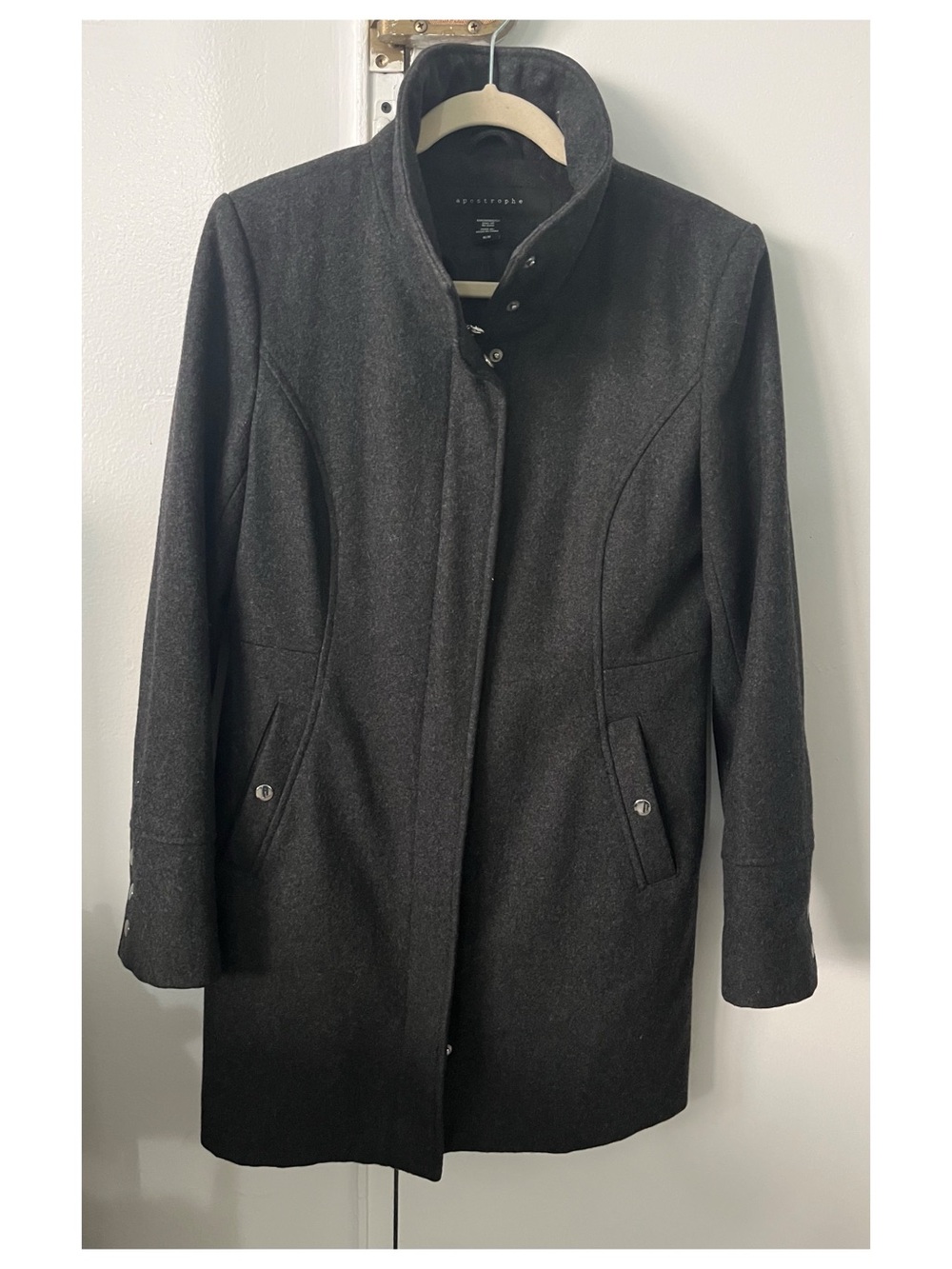 Apostrophe gray wool blend coat with silver buttons and zipper, size M